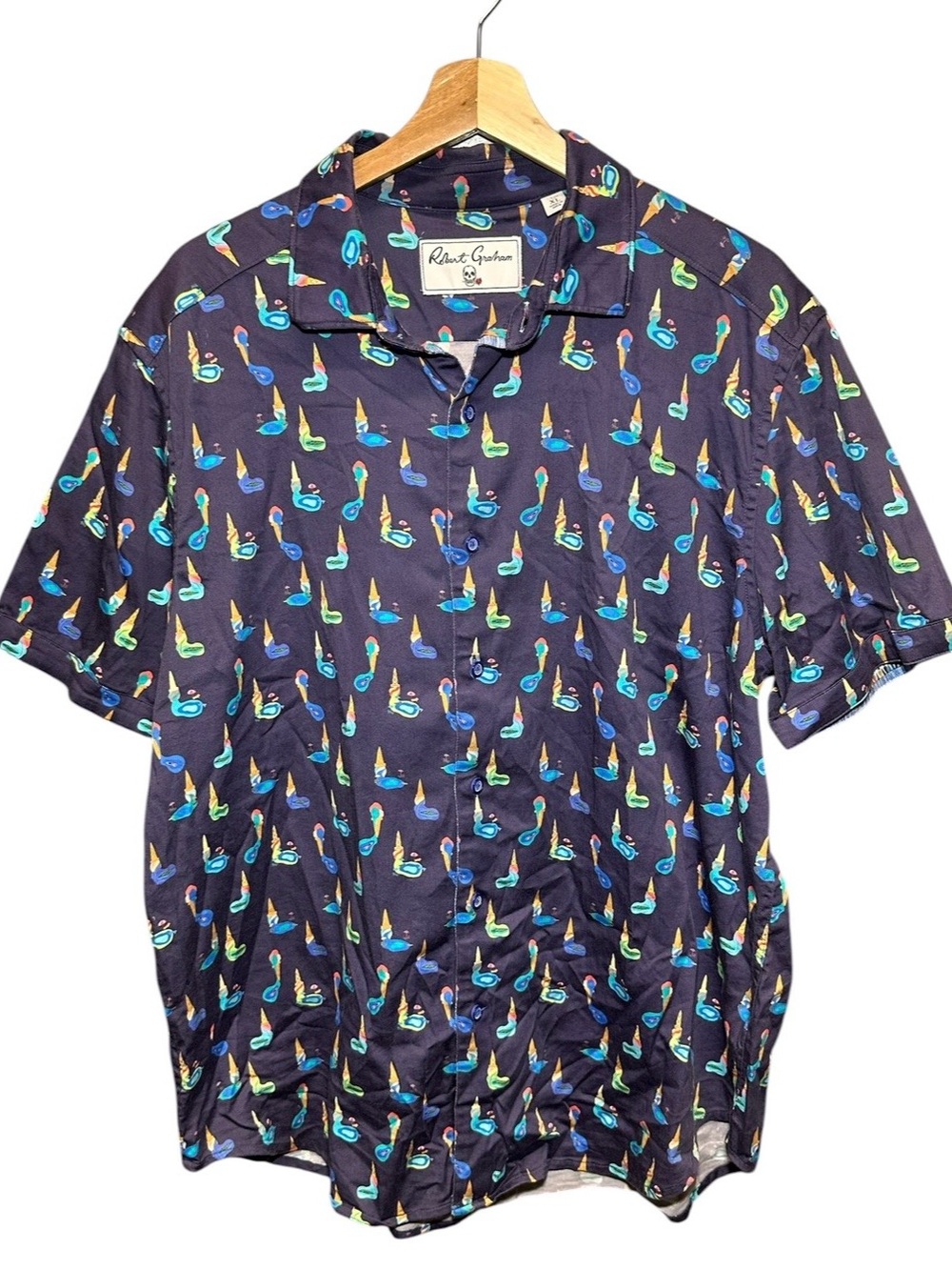 Robert Graham Blue Melted Ice Cream Cotton Short Sleeve Button Front Shirt XL